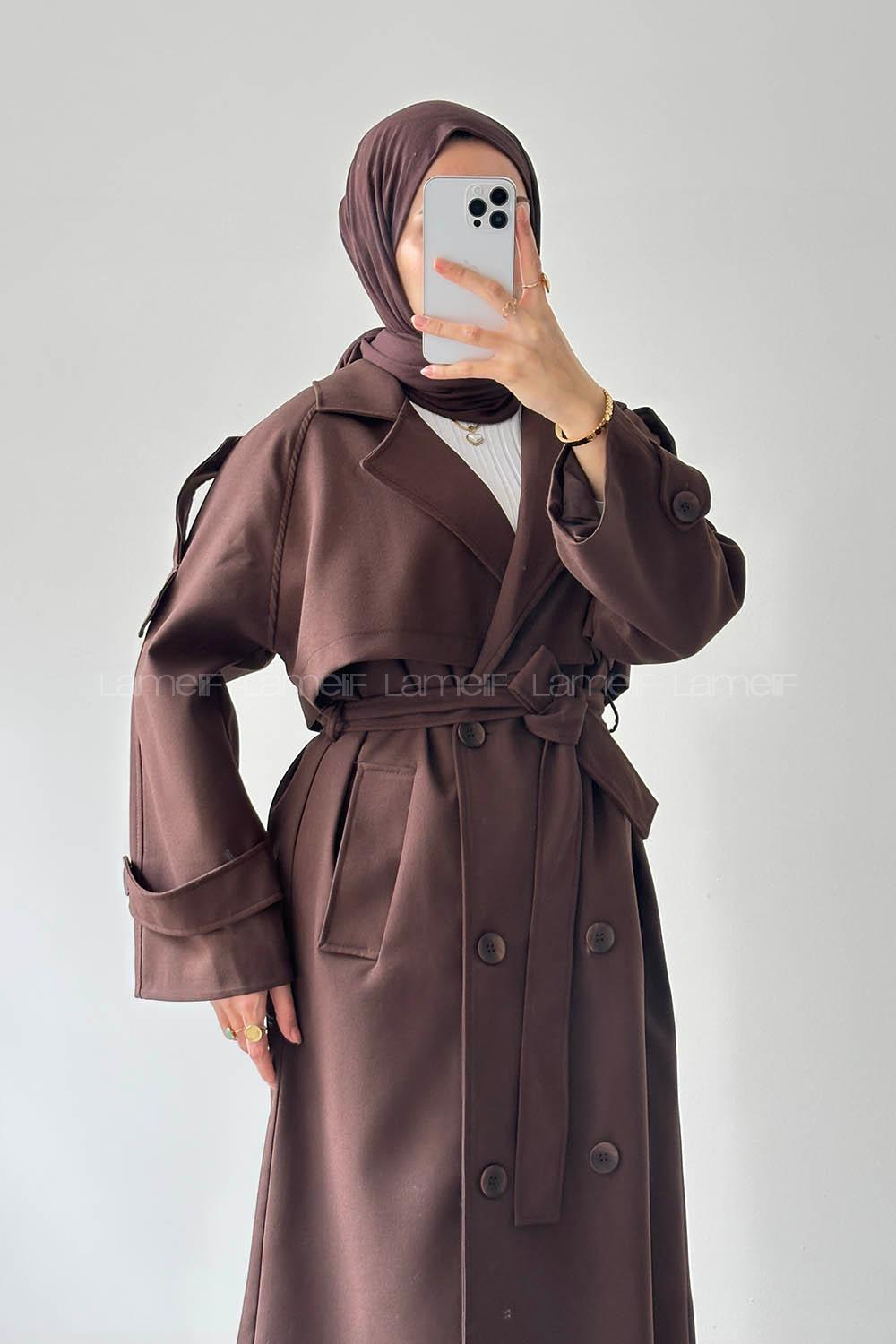 Lamelif Fleto Cep Omuz Apoletli Trençkot Acı Kahve