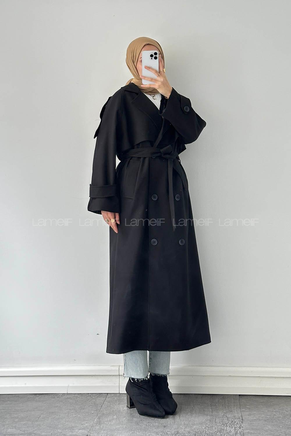 Lamelif Fleto Cep Omuz Apoletli Trençkot Siyah