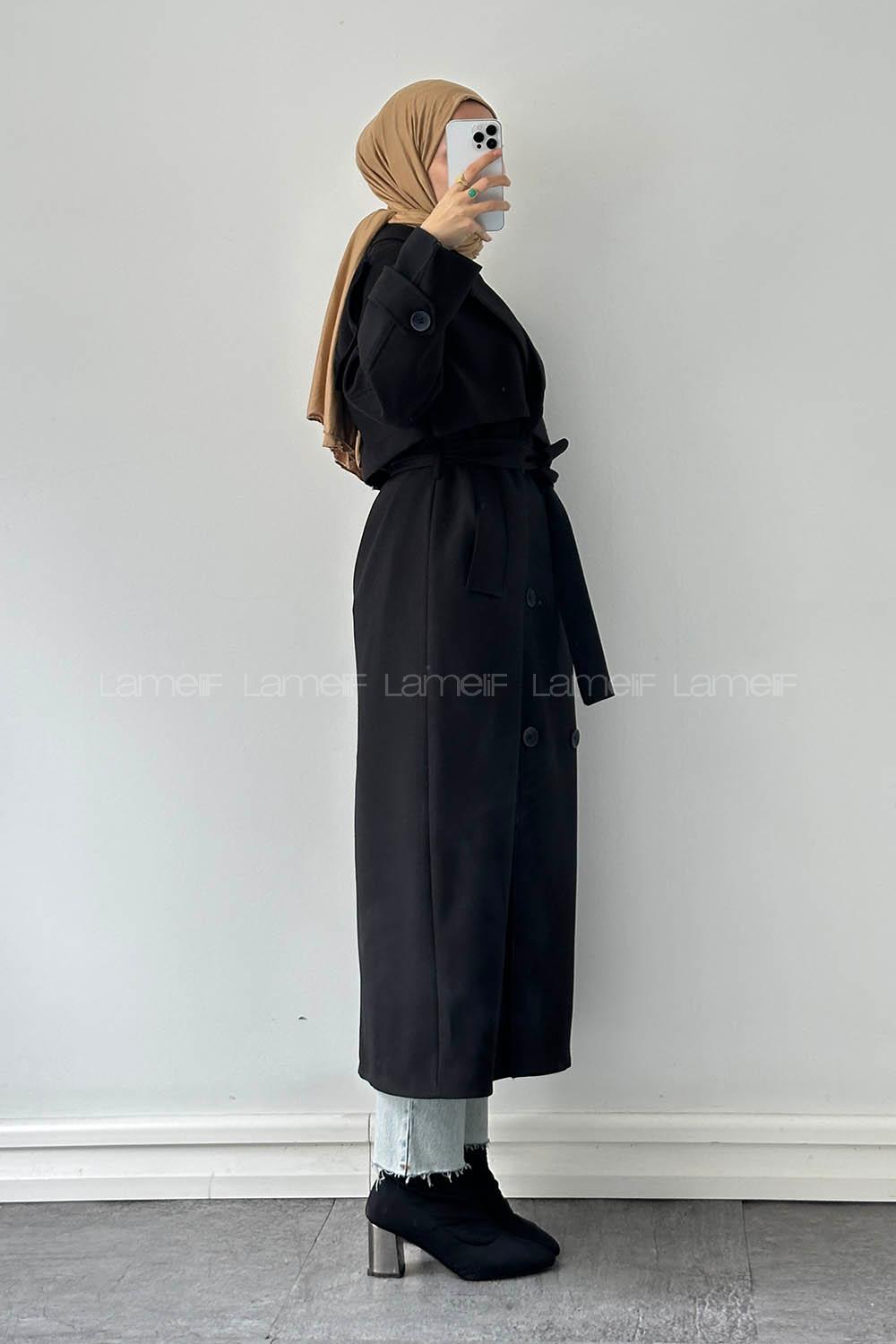 Lamelif Fleto Cep Omuz Apoletli Trençkot Siyah