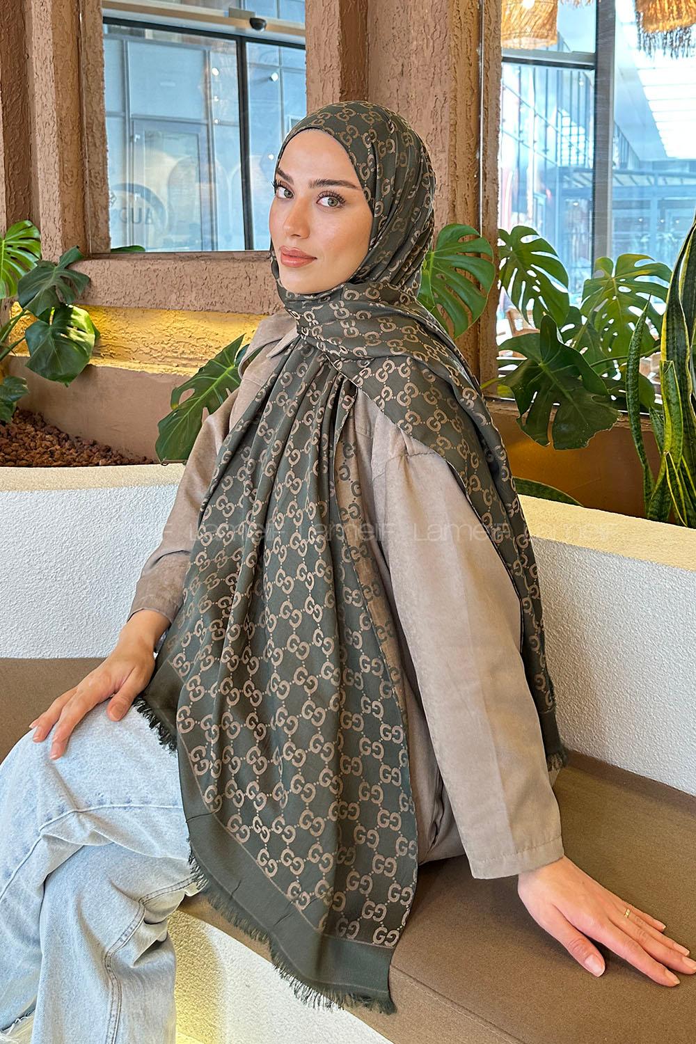 Lamelif G Desen Kaşmir Çift Taraflı Şal Haki