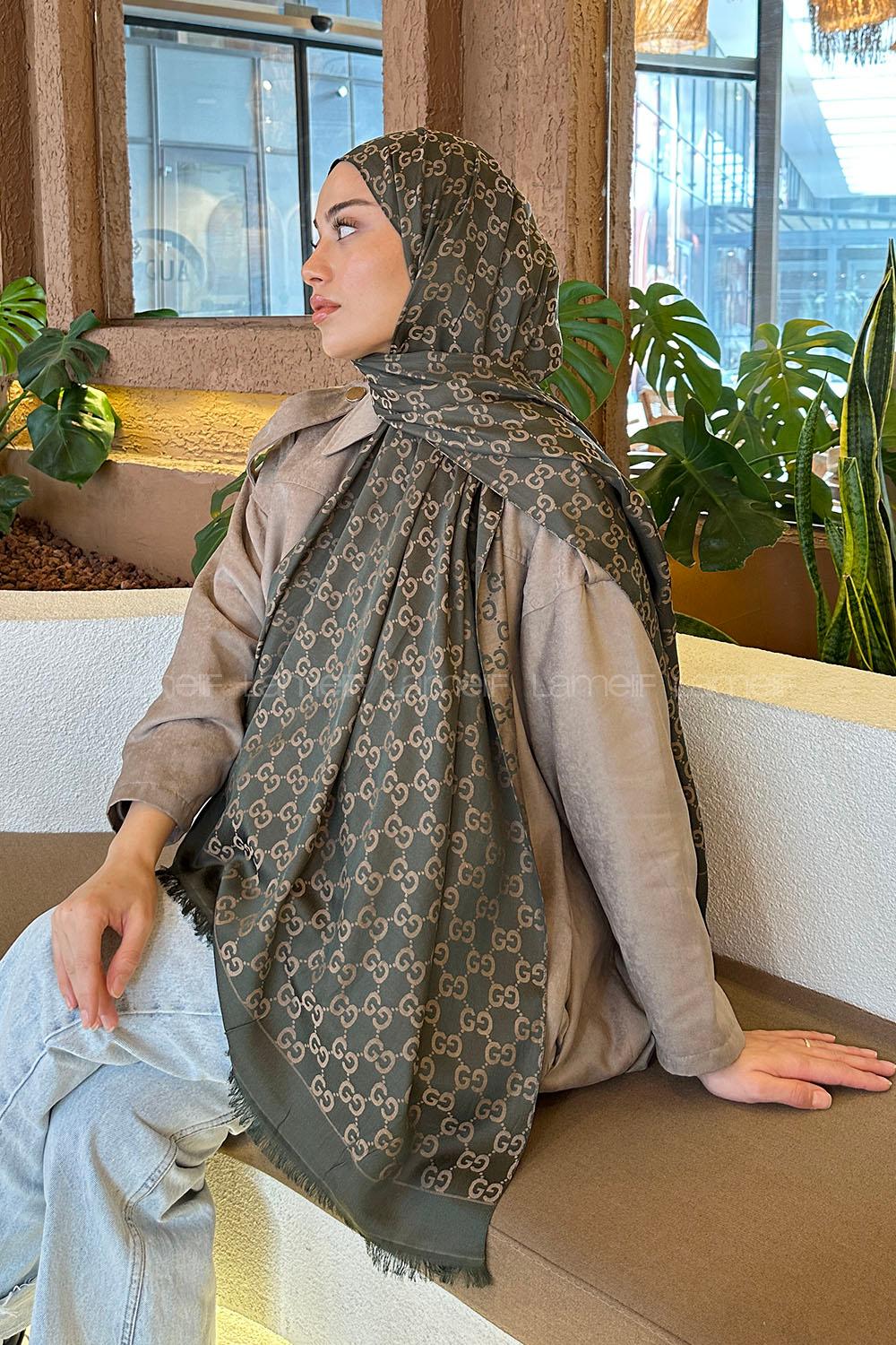 Lamelif G Desen Kaşmir Çift Taraflı Şal Haki