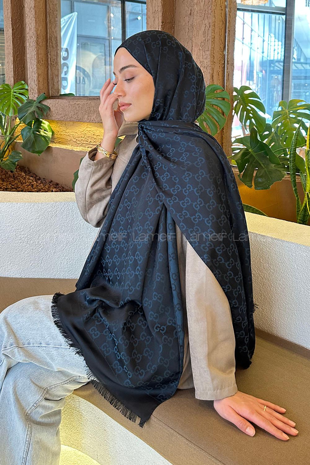 Lamelif G Desen Kaşmir Çift Taraflı Şal Lacivert Mavi