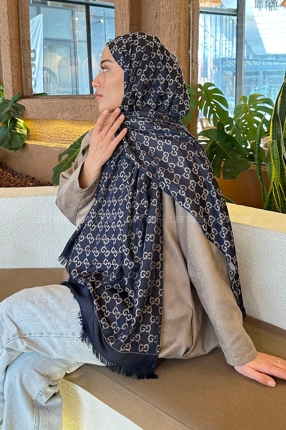 Lamelif G Desen Kaşmir Çift Taraflı Şal Lacivert Taş