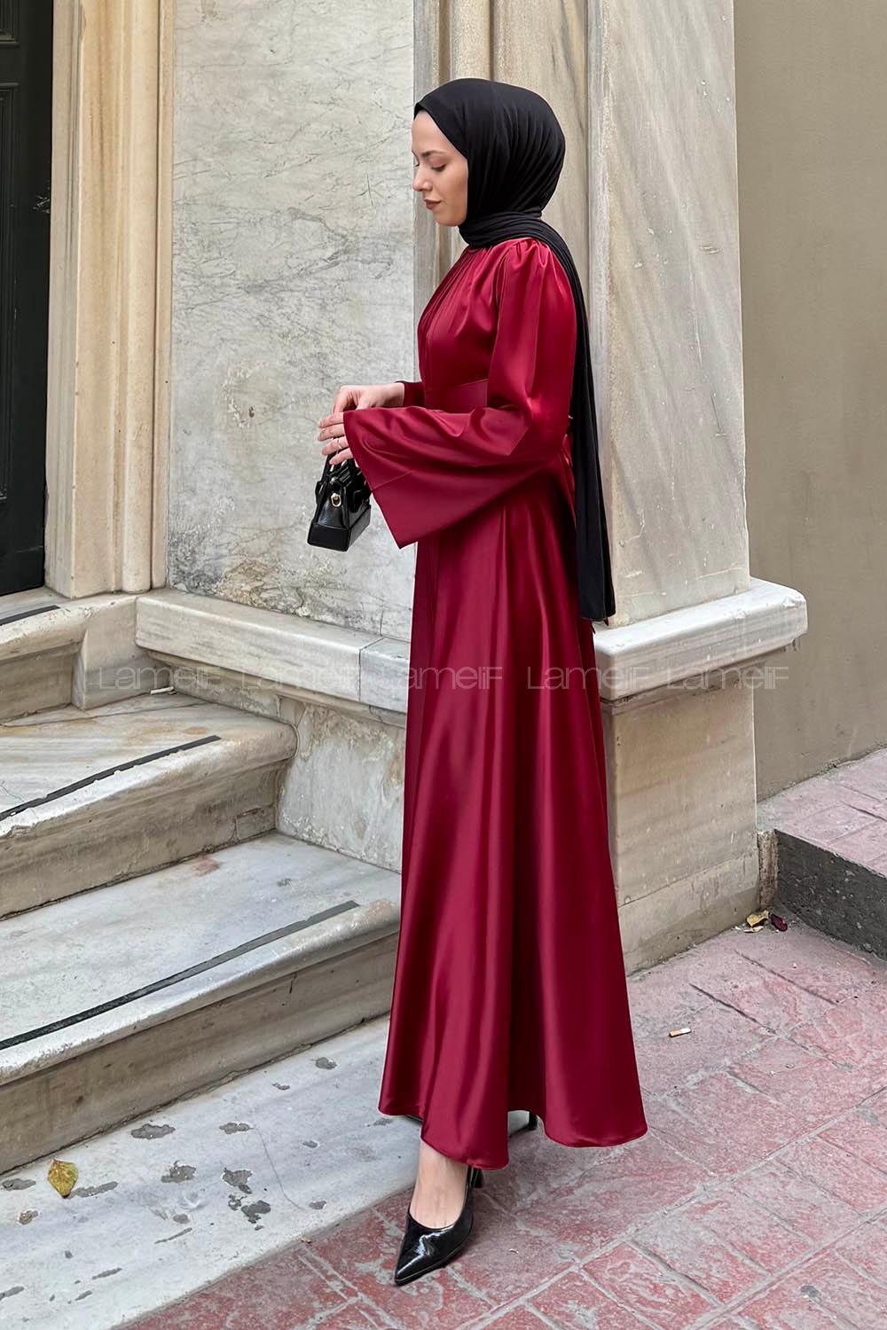 Claret Red Crew Neck Satin Fabric Dresess