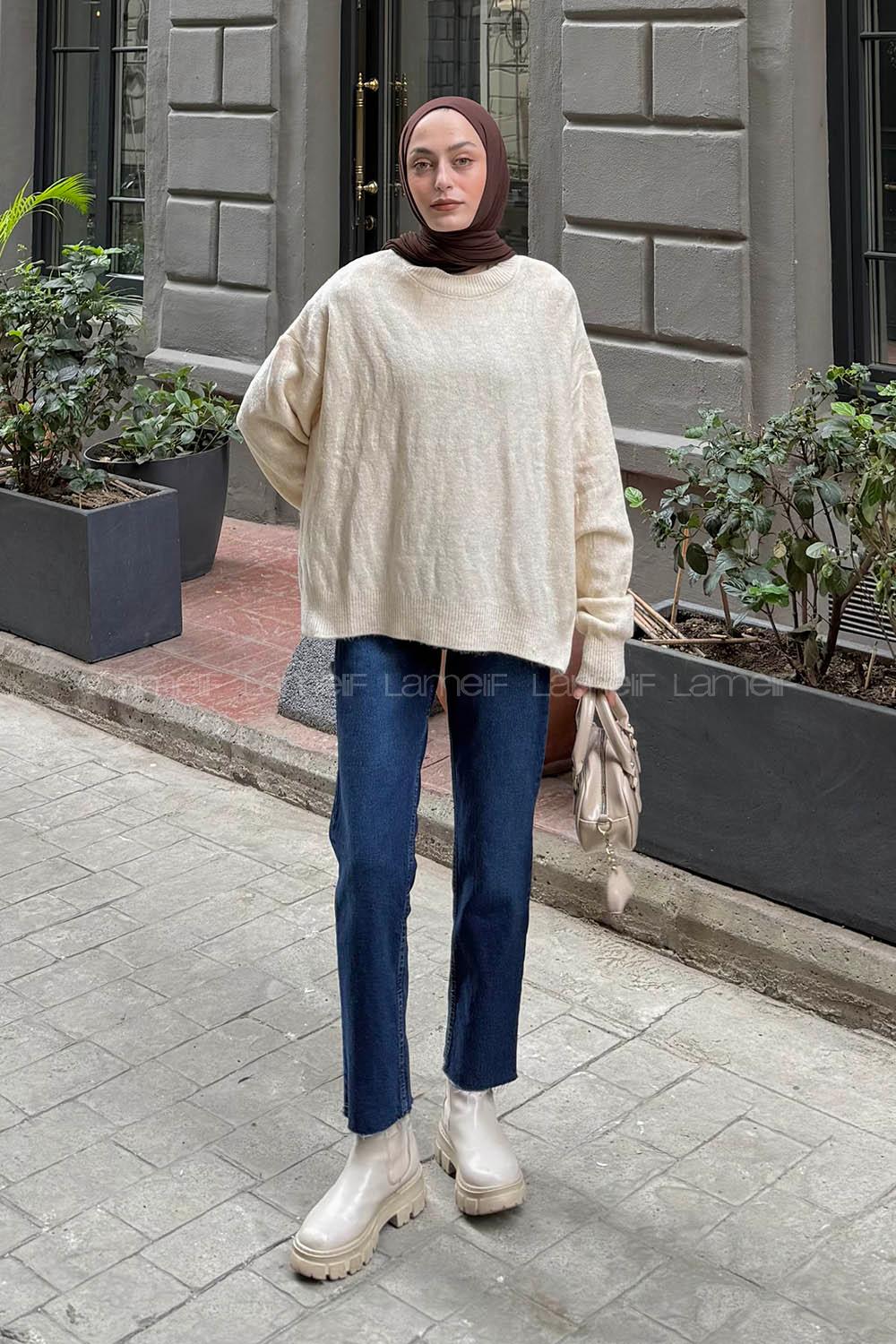 Lamelif Kendinden Desenli Triko Kazak Natural