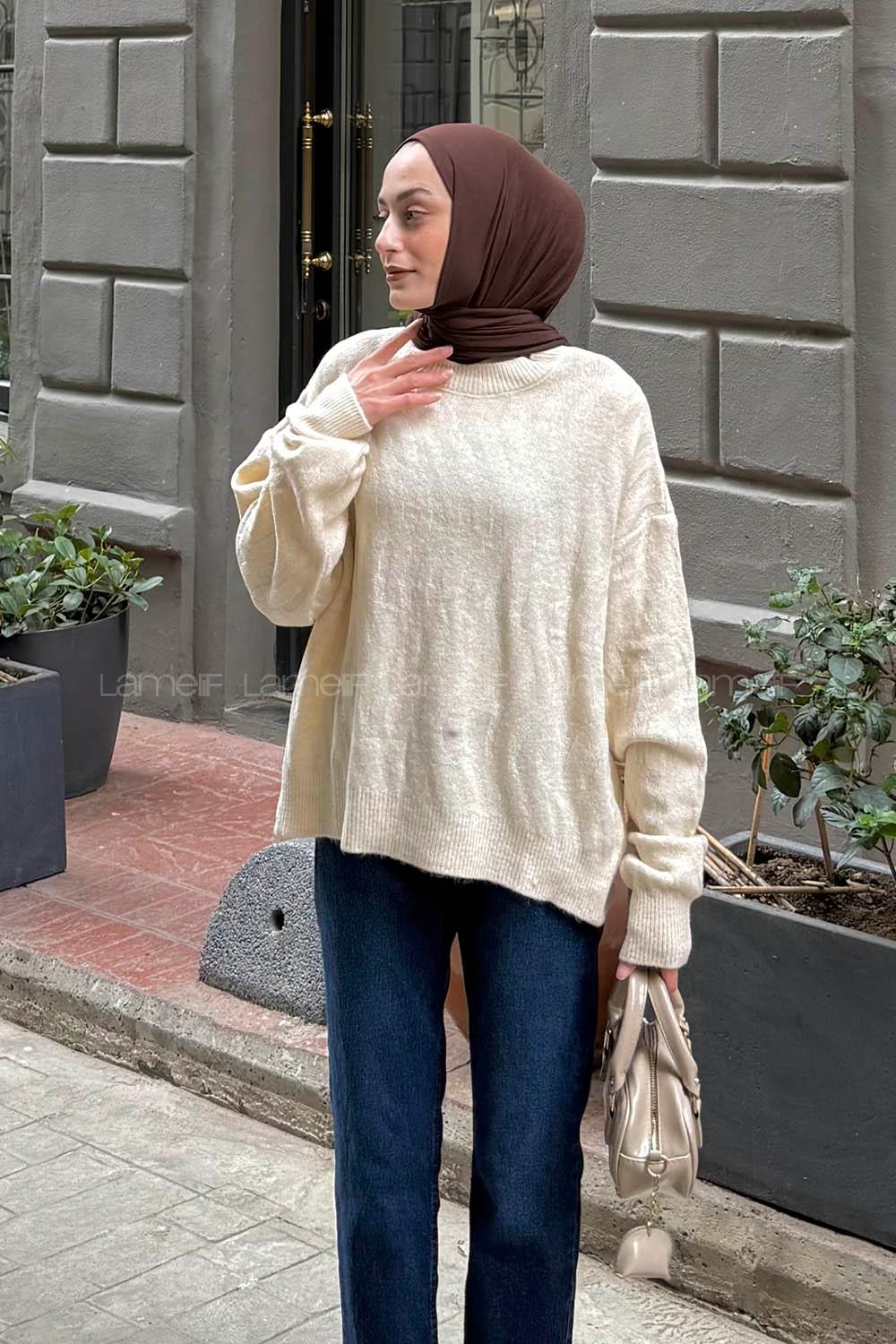 Lamelif Kendinden Desenli Triko Kazak Natural