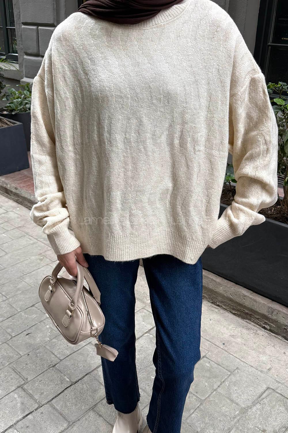 Lamelif Kendinden Desenli Triko Kazak Natural