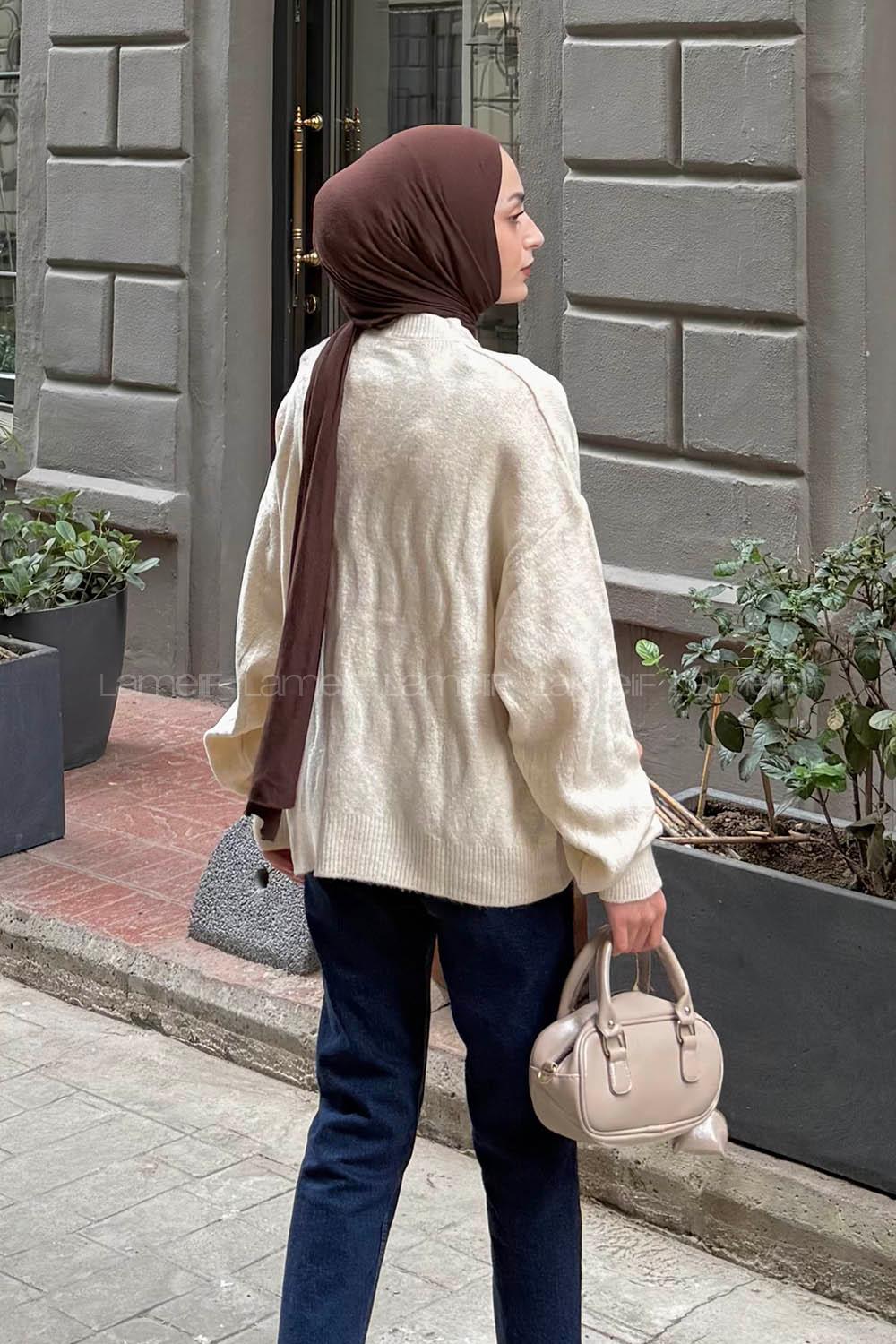 Lamelif Kendinden Desenli Triko Kazak Natural