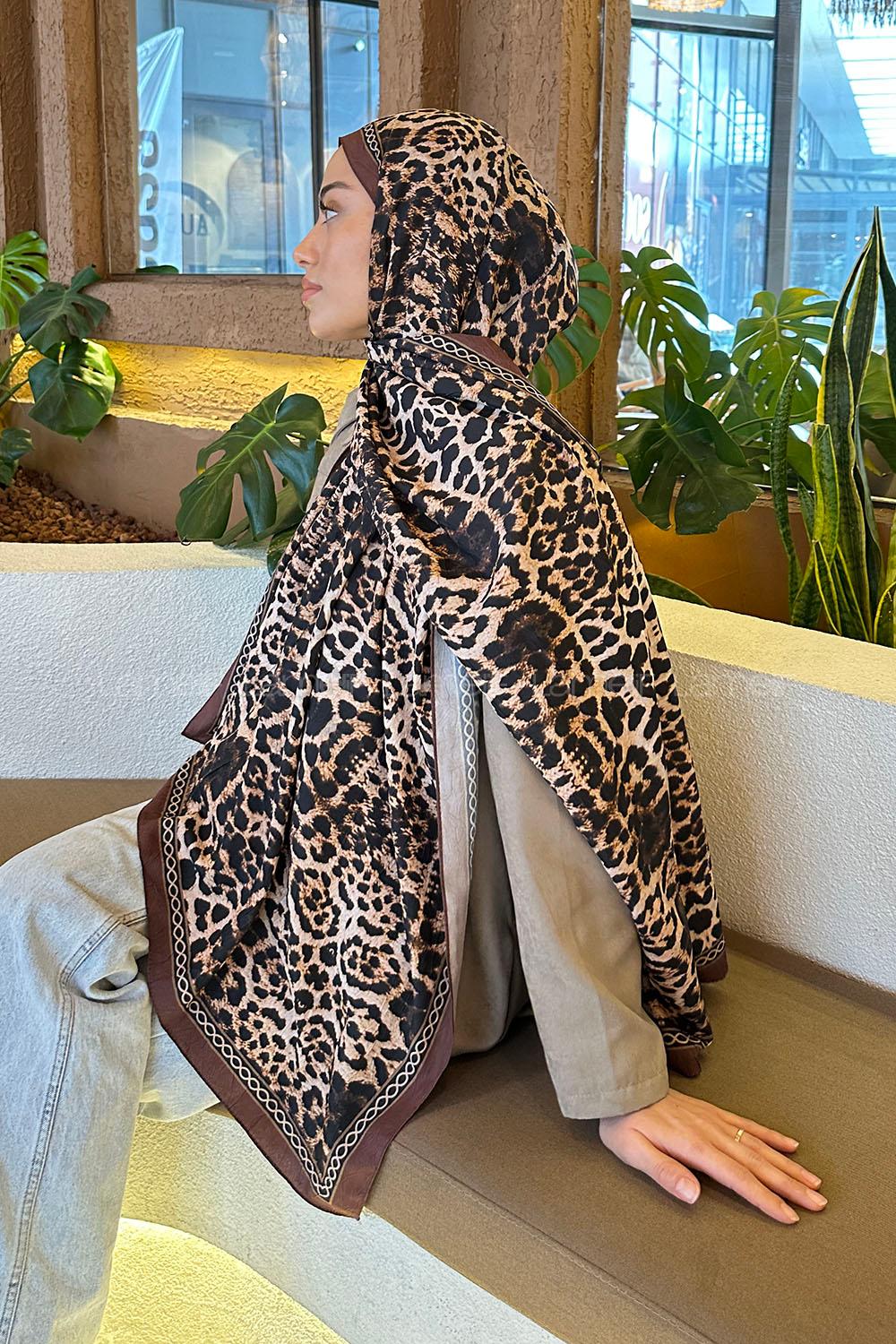 Lamelif Leopar Desen Bambu Şal Kahverengi