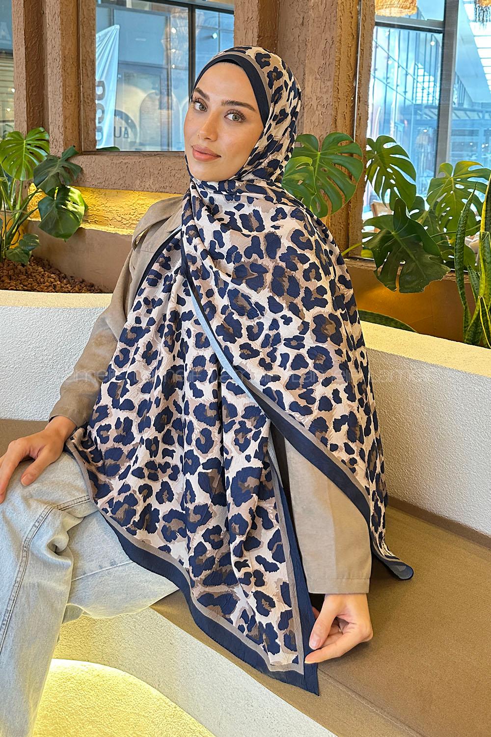 Lamelif Leopar Desen Bambu Şal Lacivert