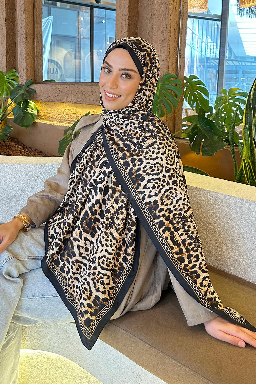 Lamelif Leopar Desen Bambu Şal Siyah Bej