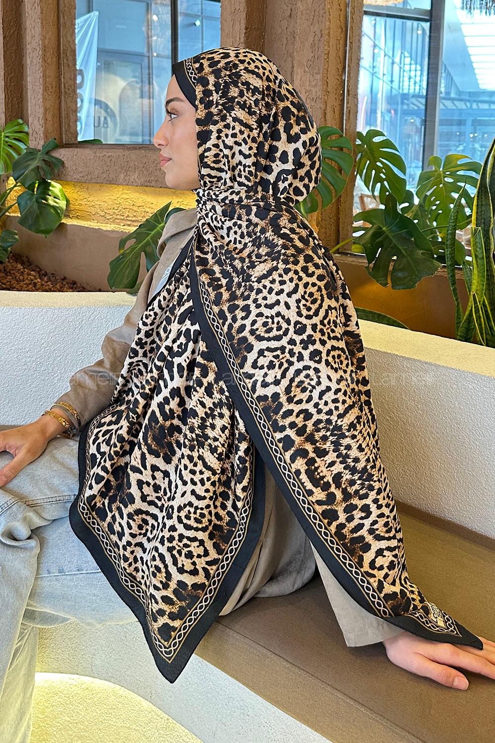 Lamelif Leopar Desen Bambu Şal Siyah Bej