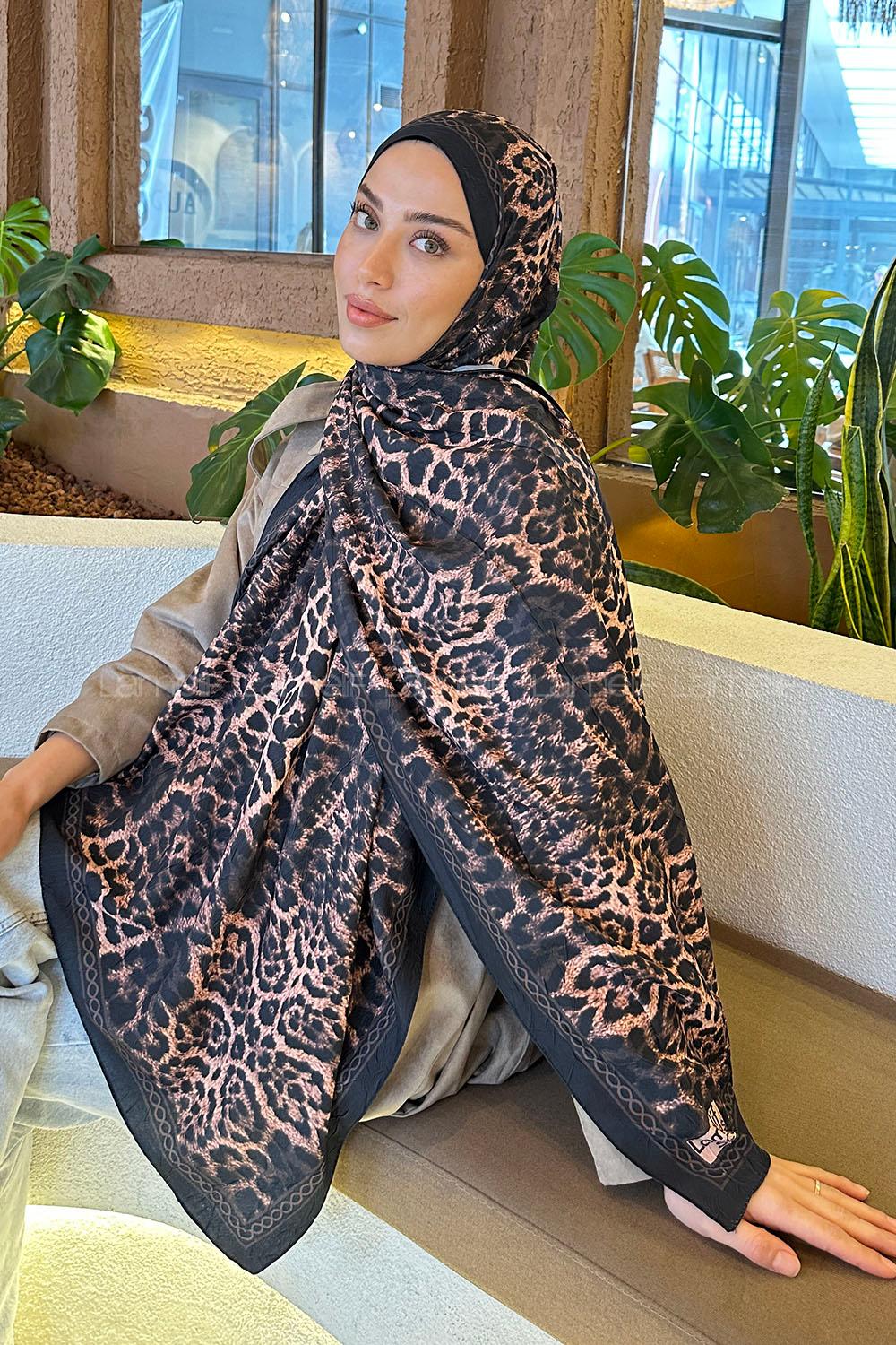 Lamelif Leopar Desen Bambu Şal Siyah Kahverengi