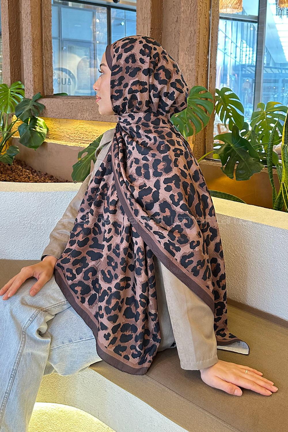 Lamelif Leopar Desen Bambu Şal Soft Kahve