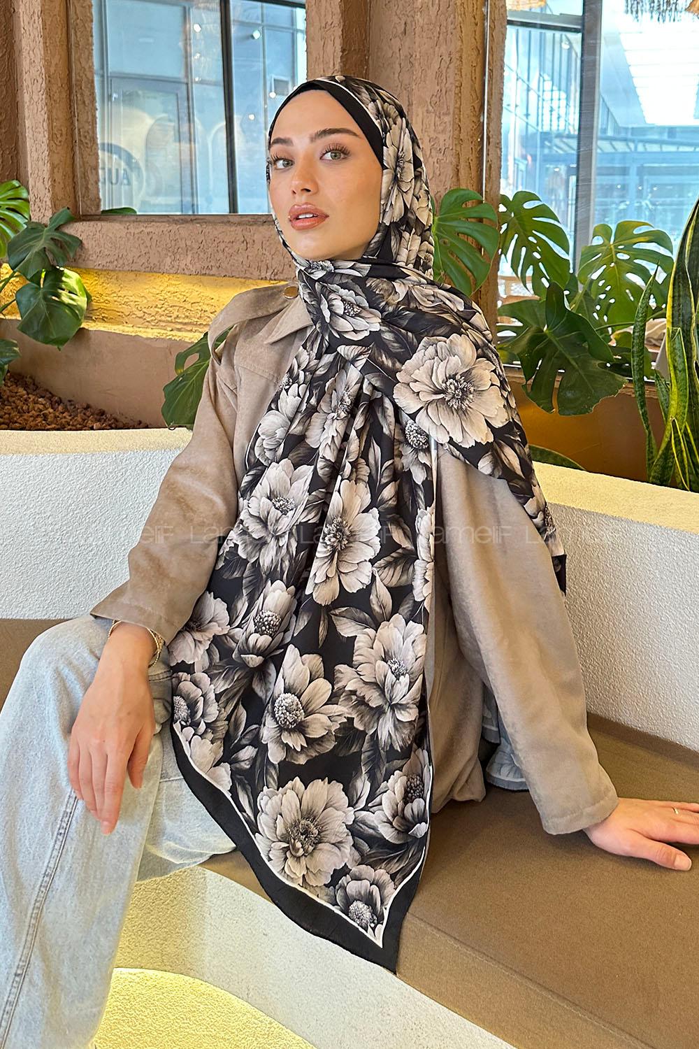 Lamelif Lotus Desen Bambu Şal Siyah Taş