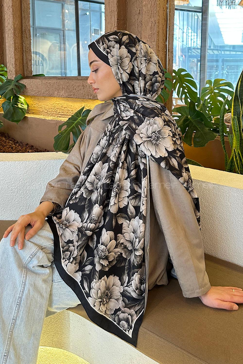 Lamelif Lotus Desen Bambu Şal Siyah Taş