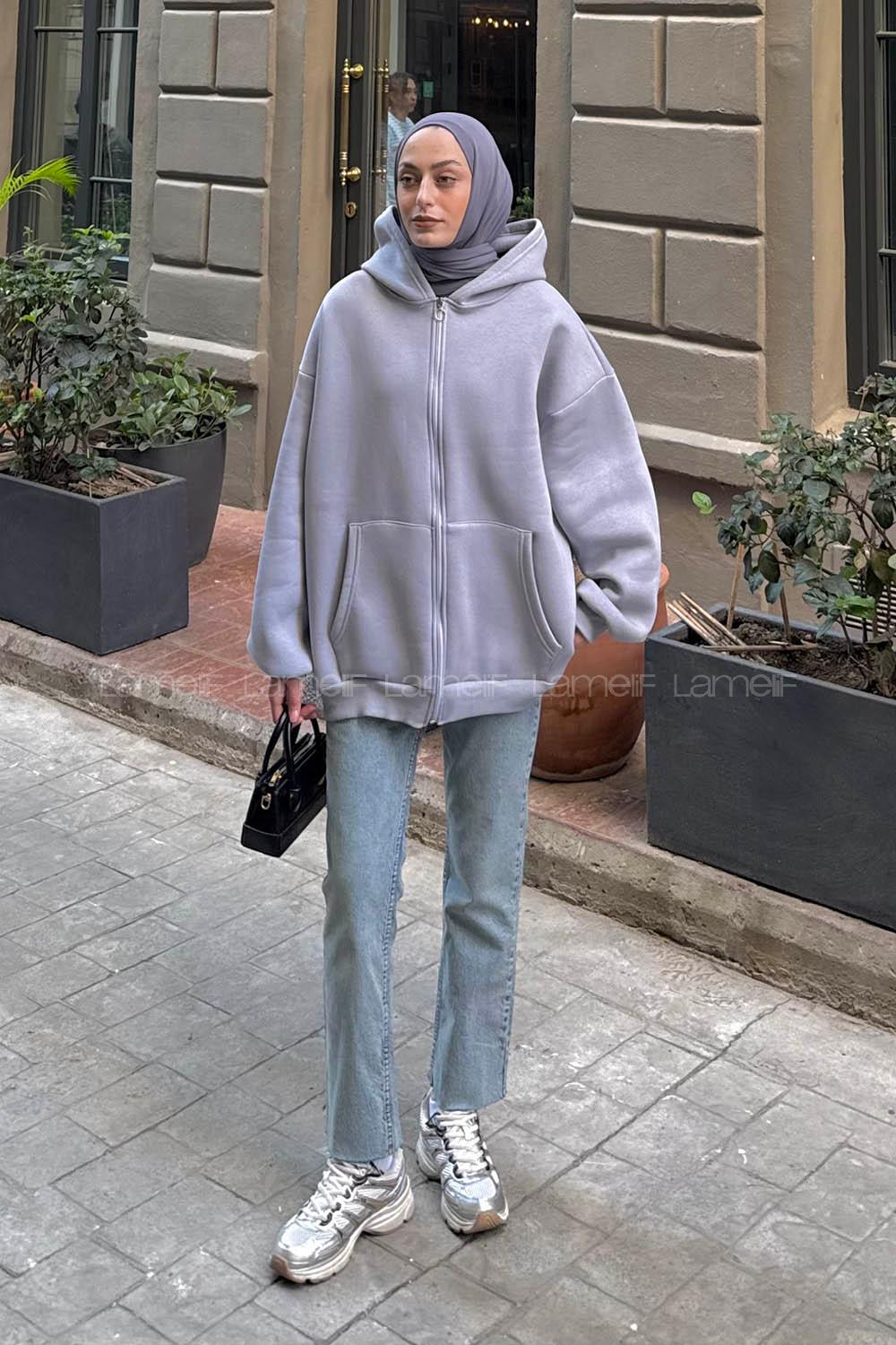 Lamelif Ön Fermuarlı Düz Sweatshirt Açık Gri