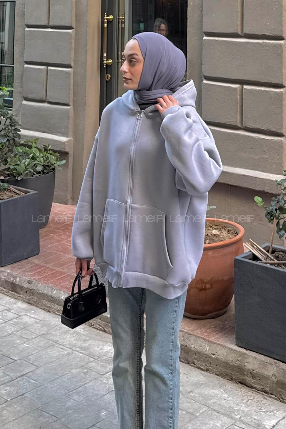 Lamelif Ön Fermuarlı Düz Sweatshirt Açık Gri