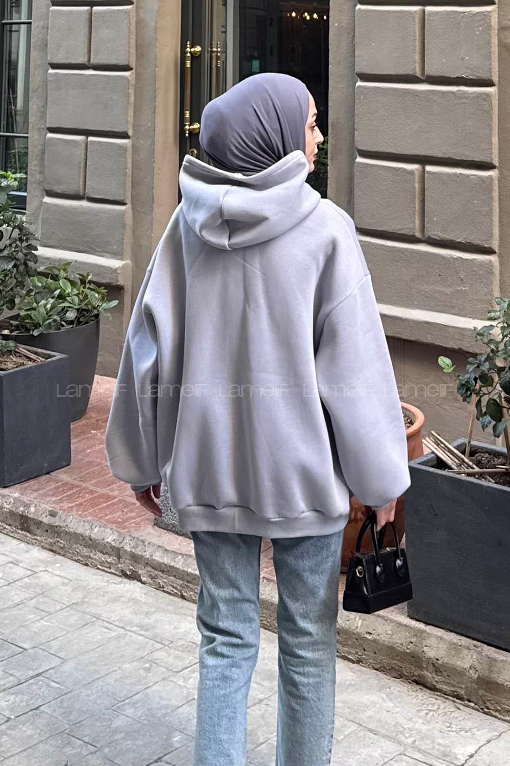 Lamelif Ön Fermuarlı Düz Sweatshirt Açık Gri