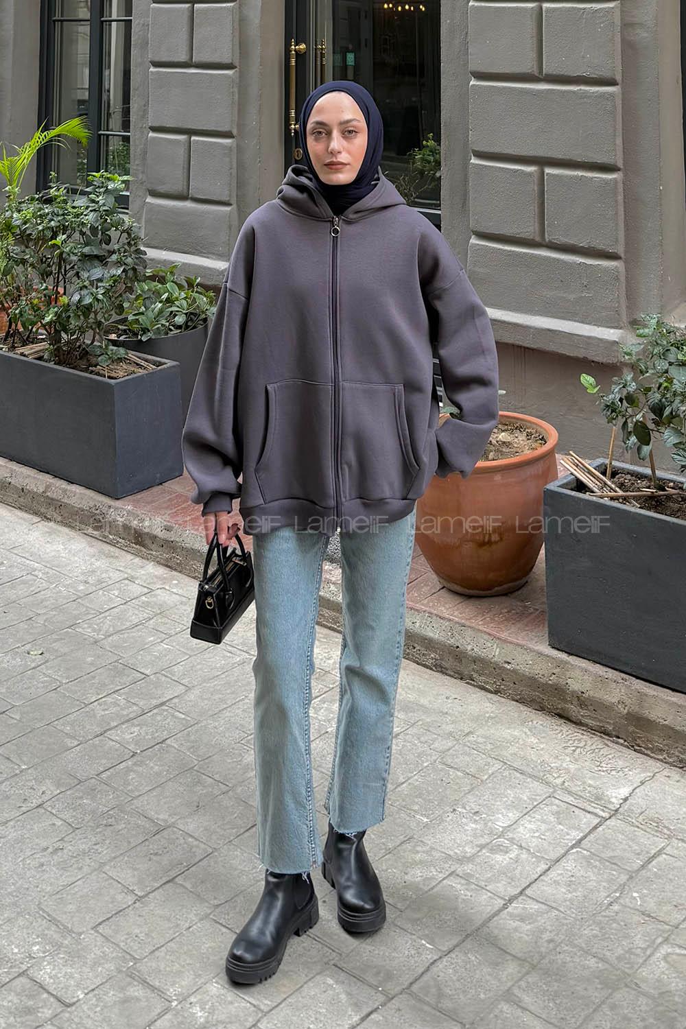 Lamelif Ön Fermuarlı Düz Sweatshirt Antrasit