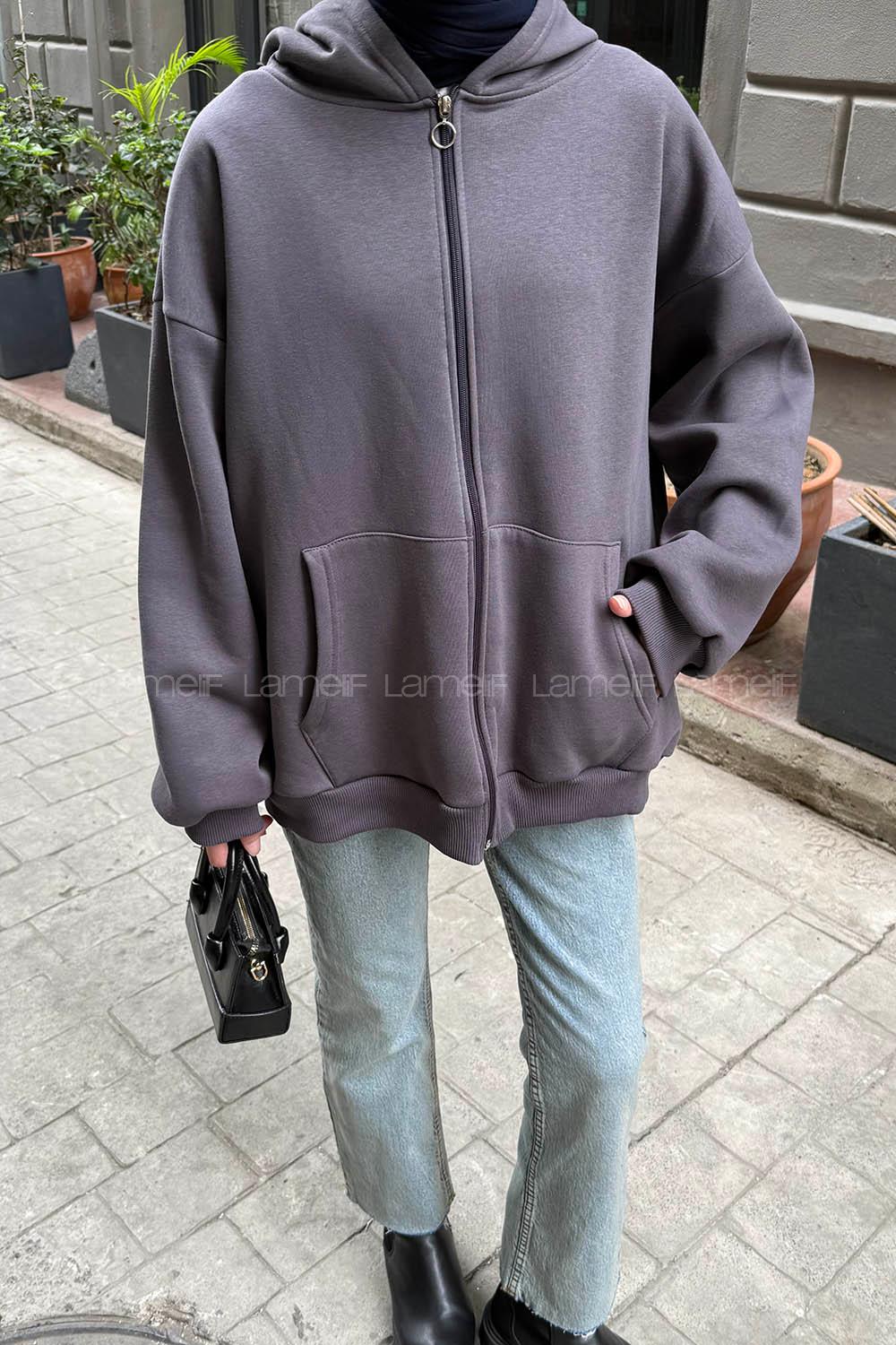 Lamelif Ön Fermuarlı Düz Sweatshirt Antrasit