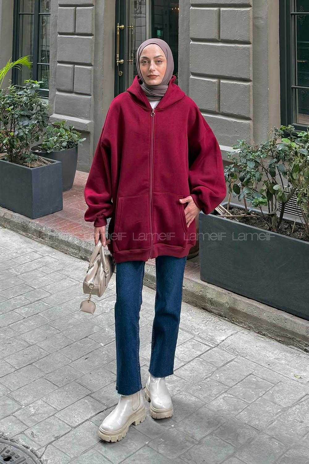 Lamelif Ön Fermuarlı Düz Sweatshirt Bordo