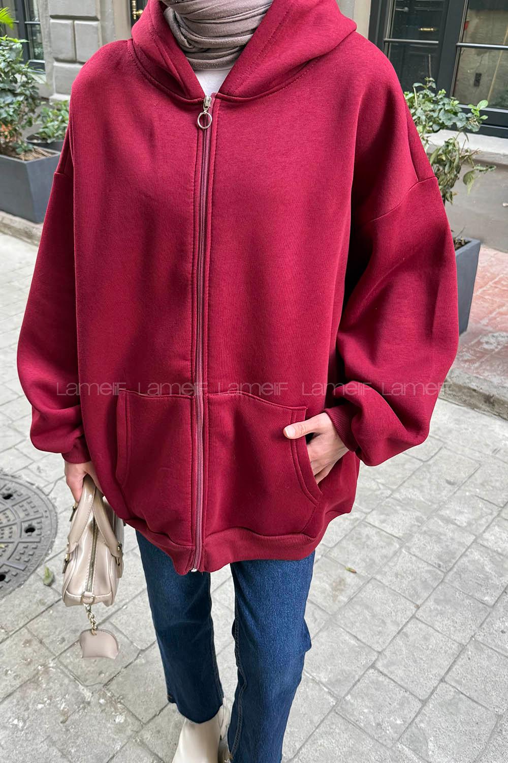 Lamelif Ön Fermuarlı Düz Sweatshirt Bordo