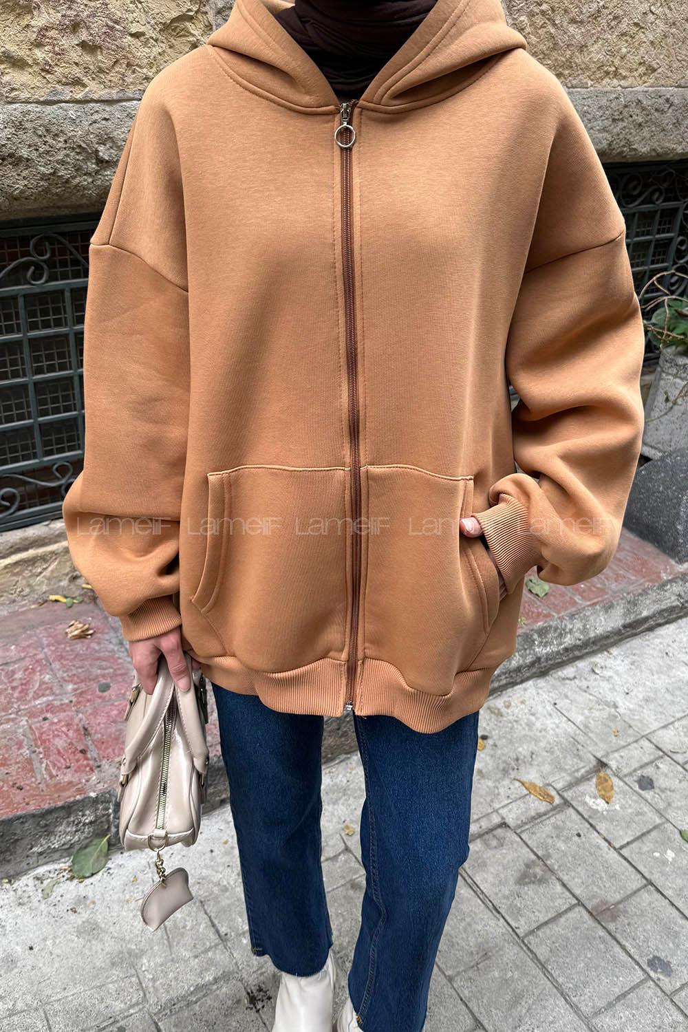 Lamelif Ön Fermuarlı Düz Sweatshirt Camel