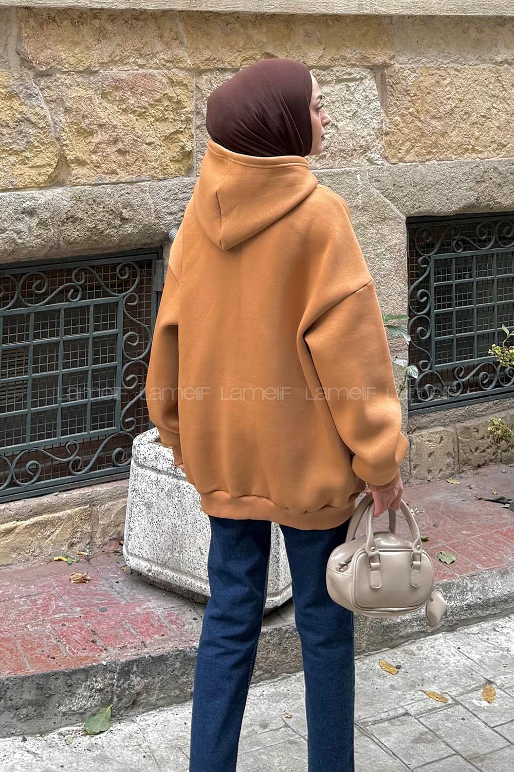 Lamelif Ön Fermuarlı Düz Sweatshirt Camel