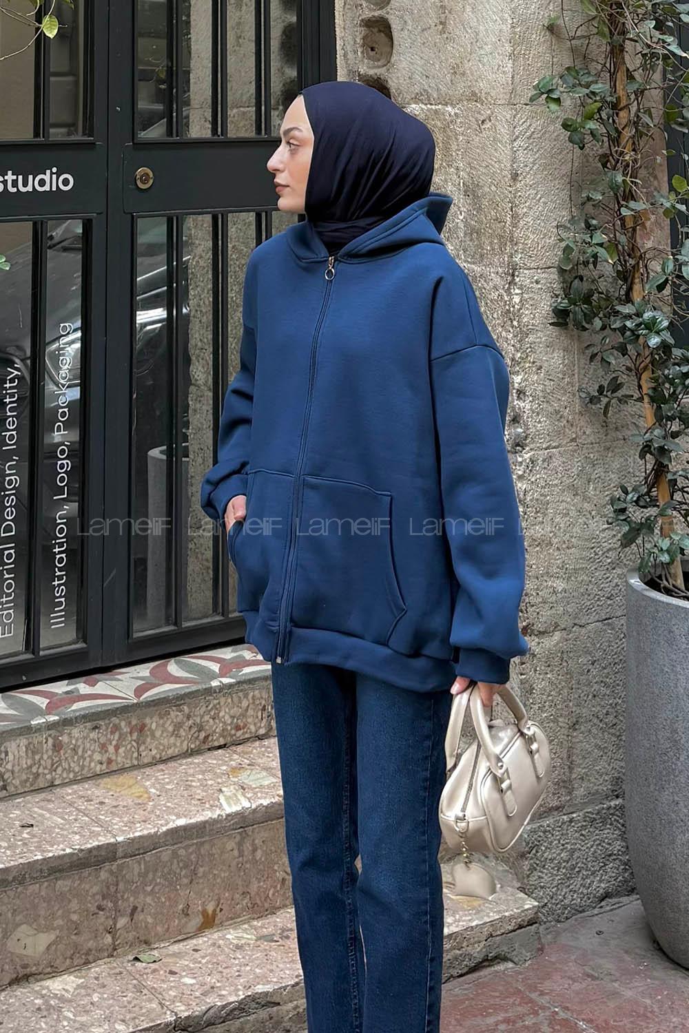 Lamelif Ön Fermuarlı Düz Sweatshirt İndigo