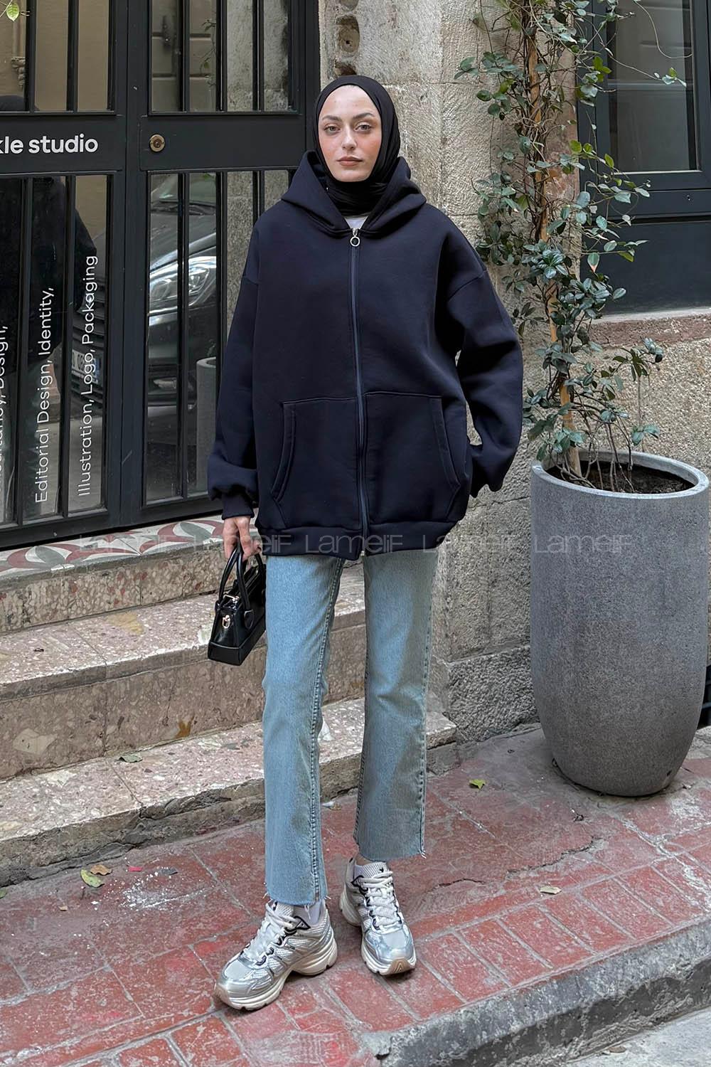 Lamelif Ön Fermuarlı Düz Sweatshirt Lacivert