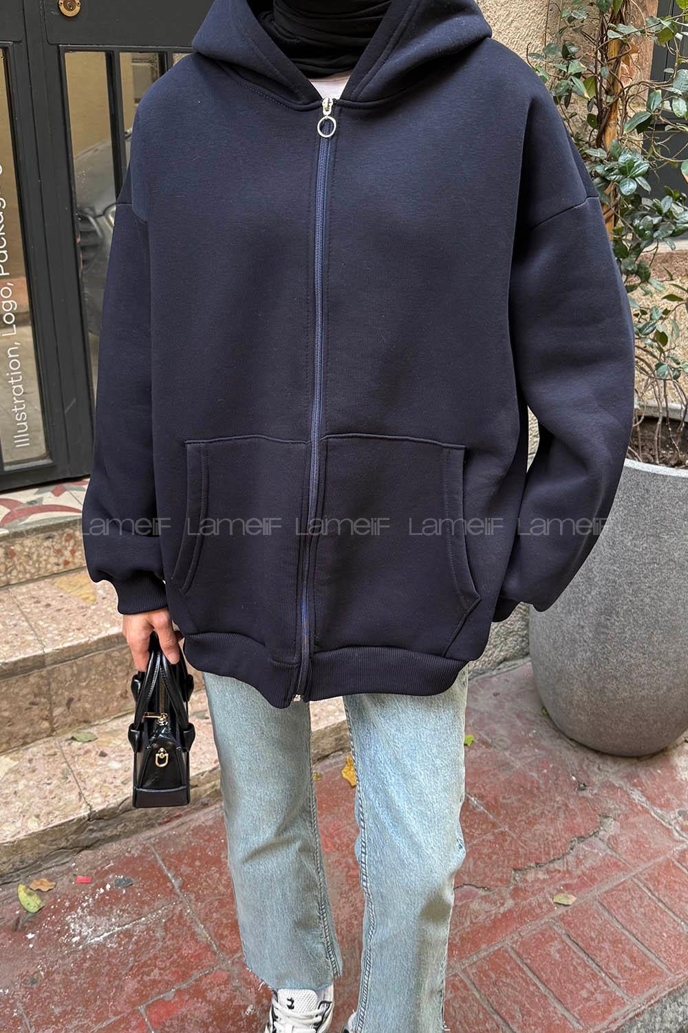 Lamelif Ön Fermuarlı Düz Sweatshirt Lacivert