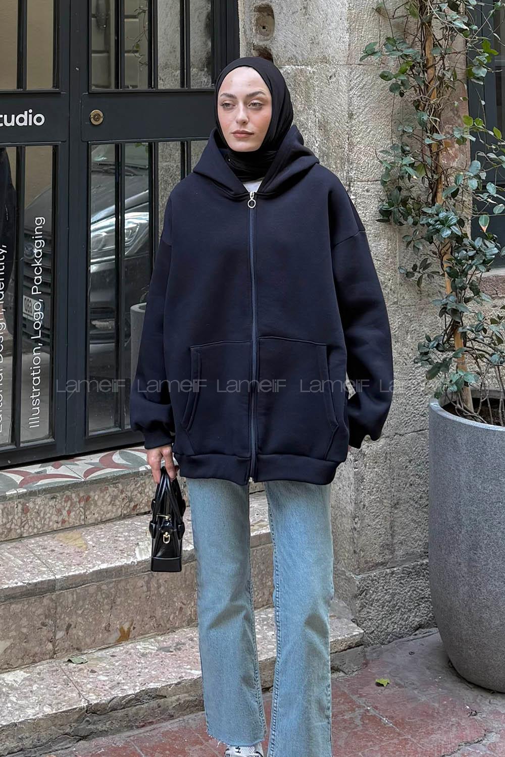 Lamelif Ön Fermuarlı Düz Sweatshirt Lacivert