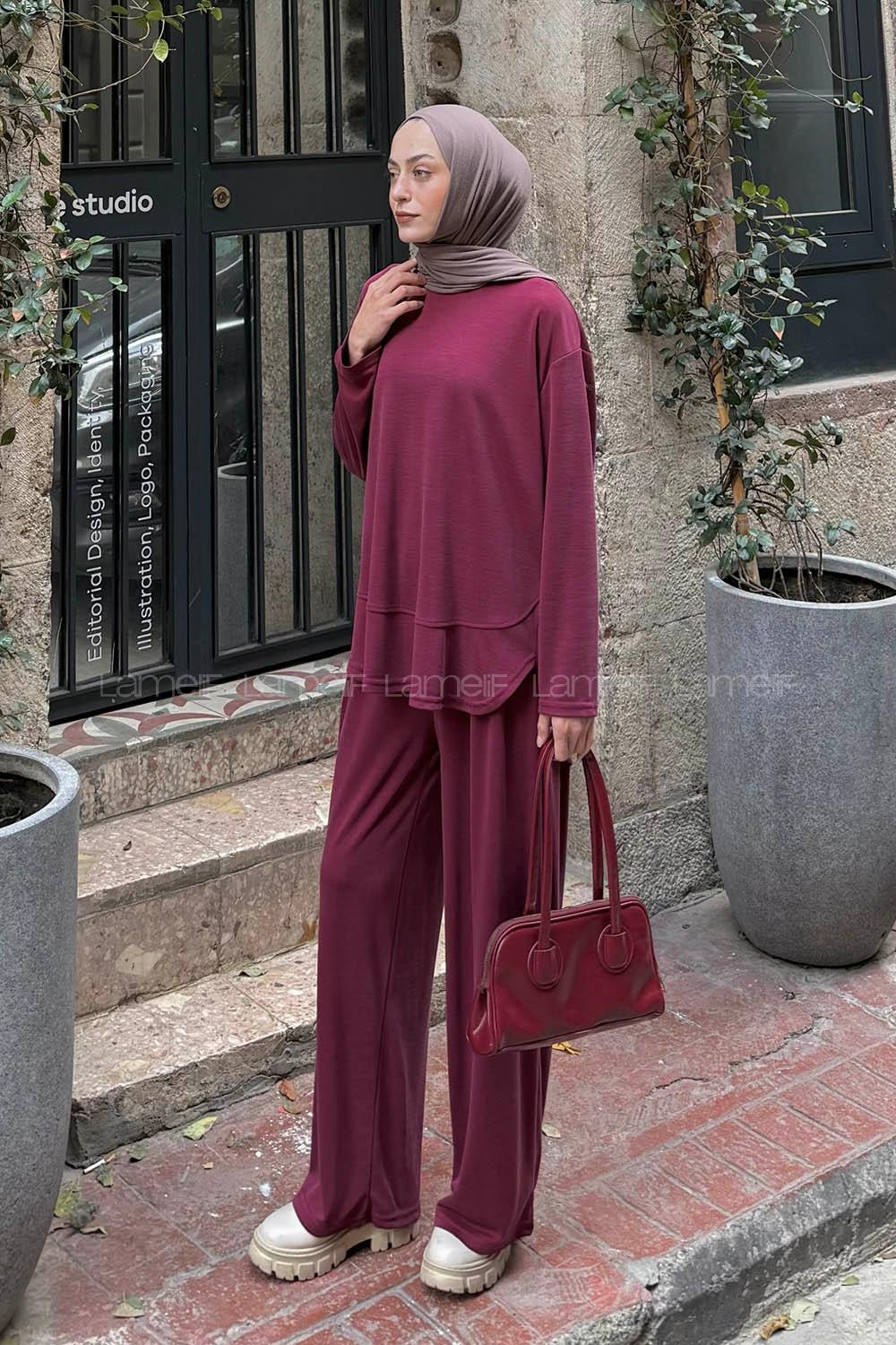 Lamelif Ön Parça Detaylı İkili Takım Bordo