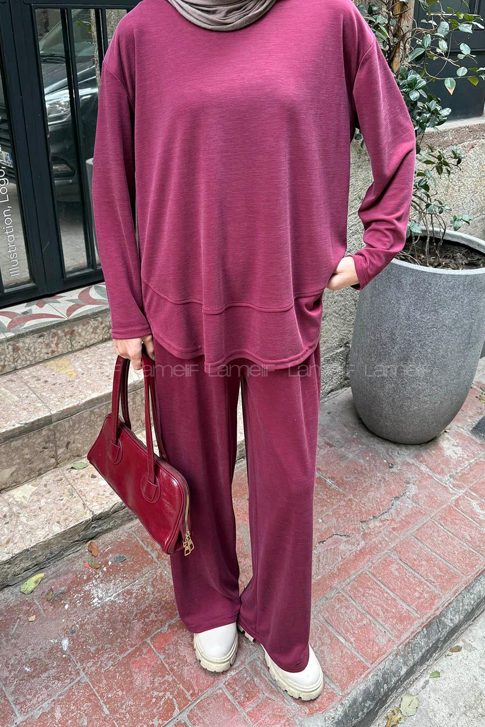 Lamelif Ön Parça Detaylı İkili Takım Bordo