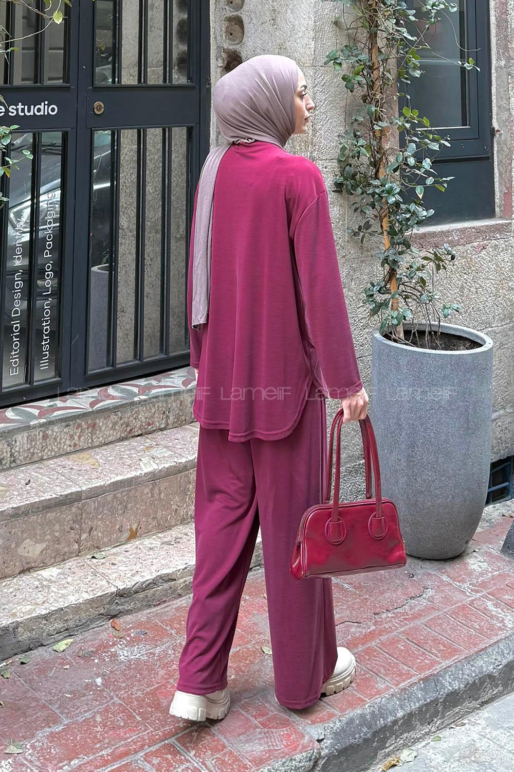 Lamelif Ön Parça Detaylı İkili Takım Bordo