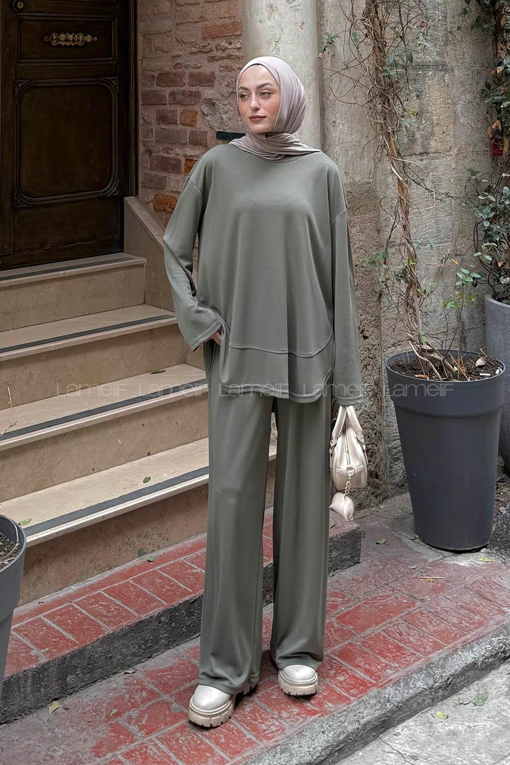 Lamelif Ön Parça Detaylı İkili Takım Haki