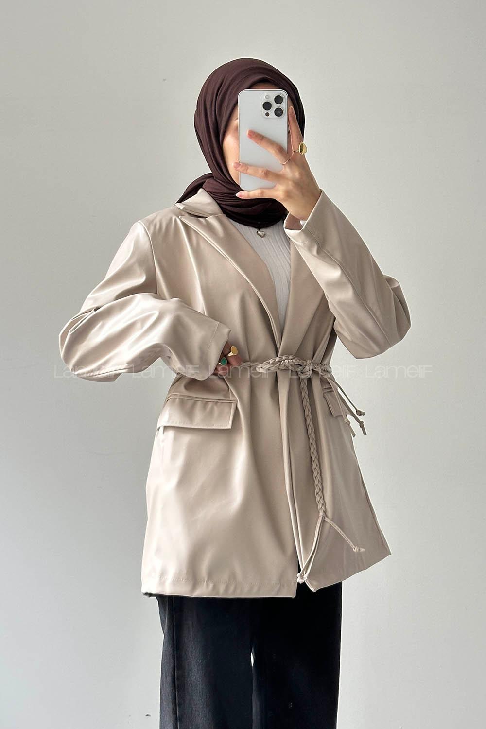 Lamelif Oversize Deri Ceket Taş Rengi