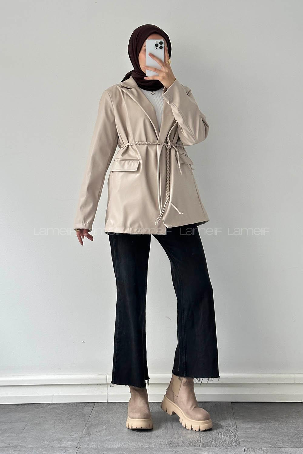 Lamelif Oversize Deri Ceket Taş Rengi