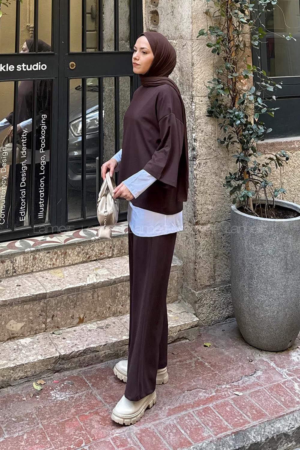 Lamelif Üçlü Tesettür Takım Acı Kahve