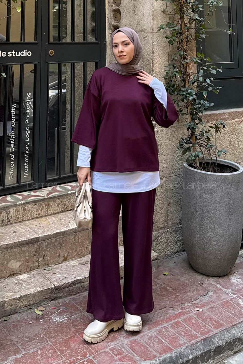 Lamelif Üçlü Tesettür Takım Bordo