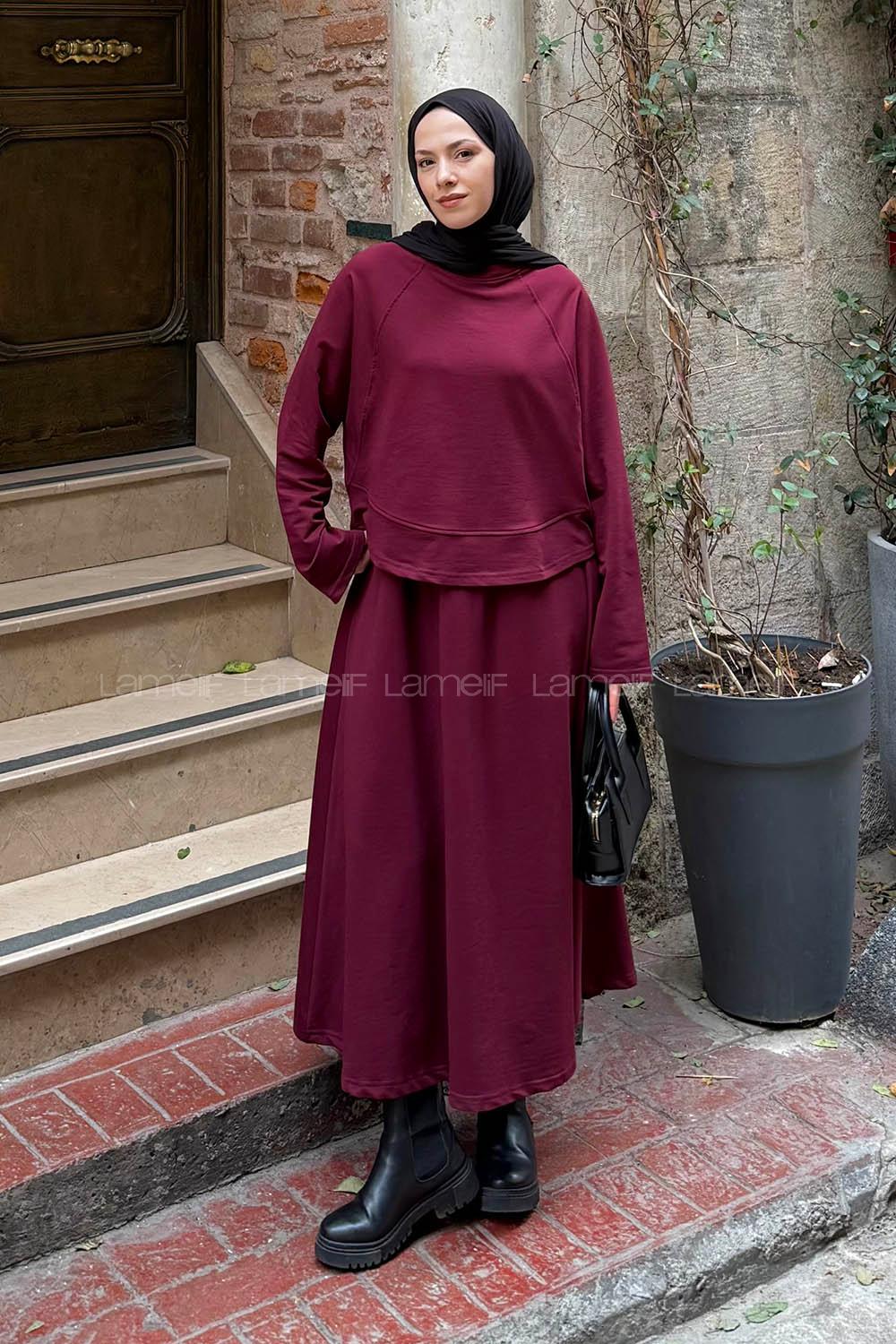 Lamelif Yarasa Kol Etekli Tesettür Takım Bordo