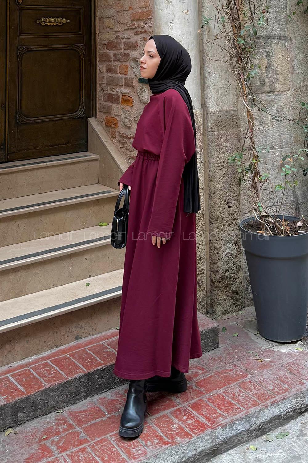 Lamelif Yarasa Kol Etekli Tesettür Takım Bordo