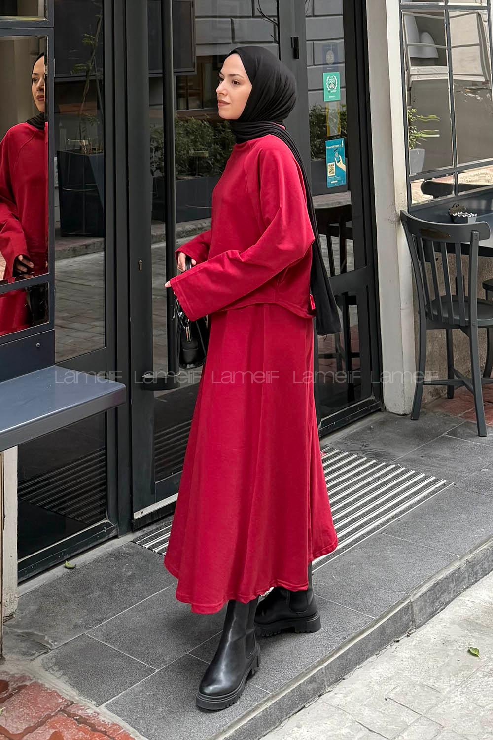 Lamelif Yarasa Kol Etekli Tesettür Takım Kırmızı