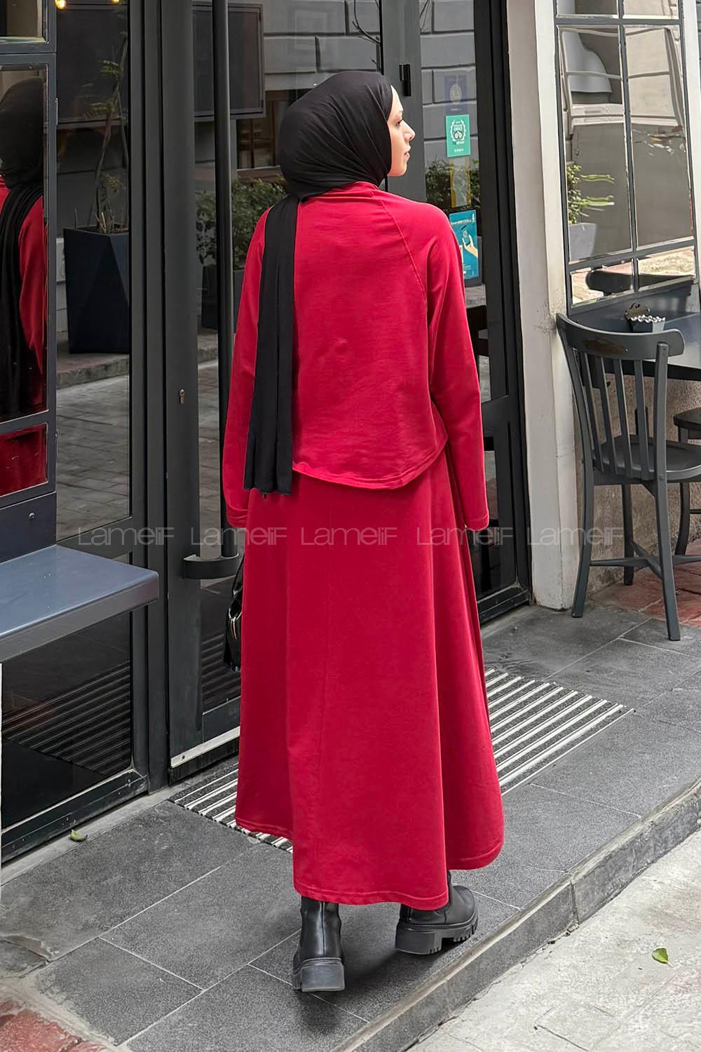 Lamelif Yarasa Kol Etekli Tesettür Takım Kırmızı