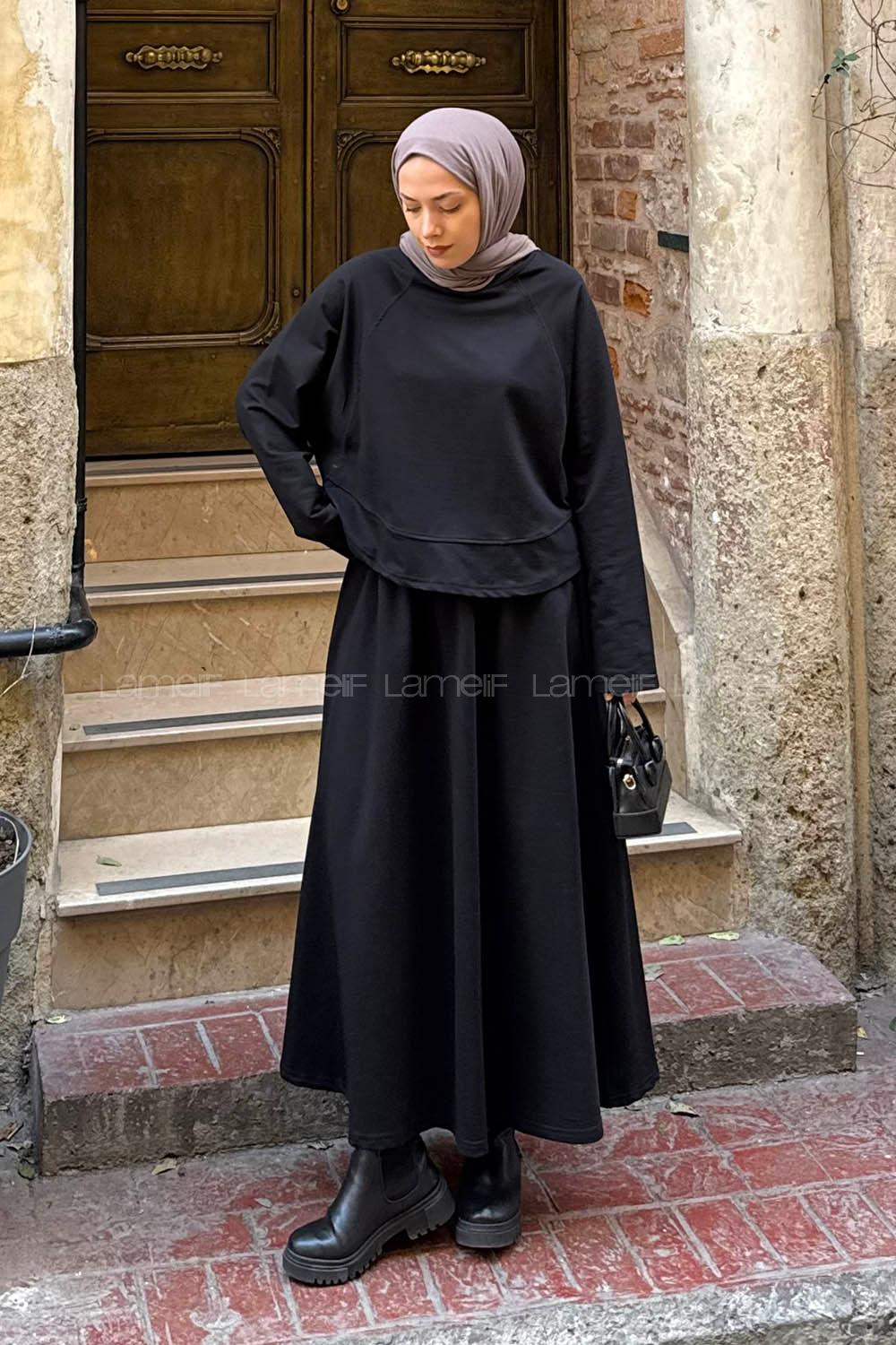 Lamelif Yarasa Kol Etekli Tesettür Takım Siyah