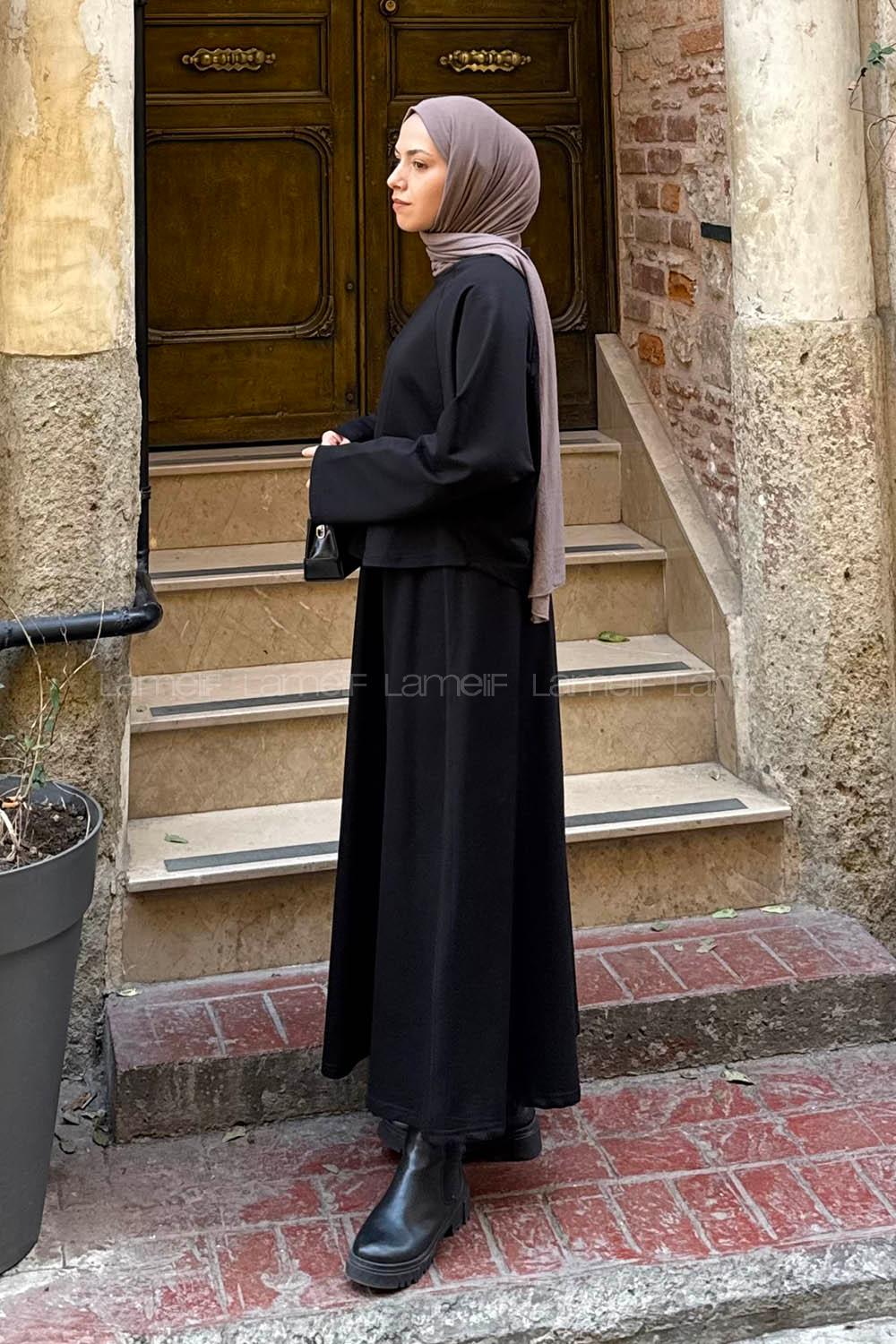 Lamelif Yarasa Kol Etekli Tesettür Takım Siyah