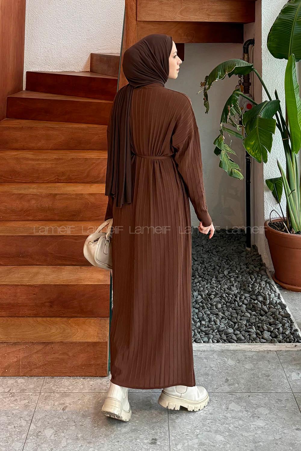 Lamelif Dikiş Detaylı Tesettür Elbise Acı Kahve