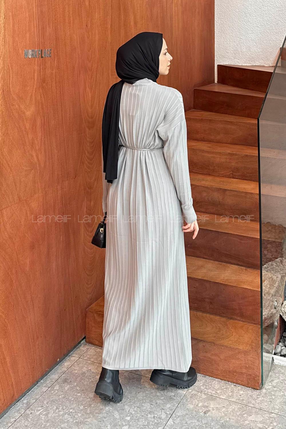 Lamelif Dikiş Detaylı Tesettür Elbise Gri