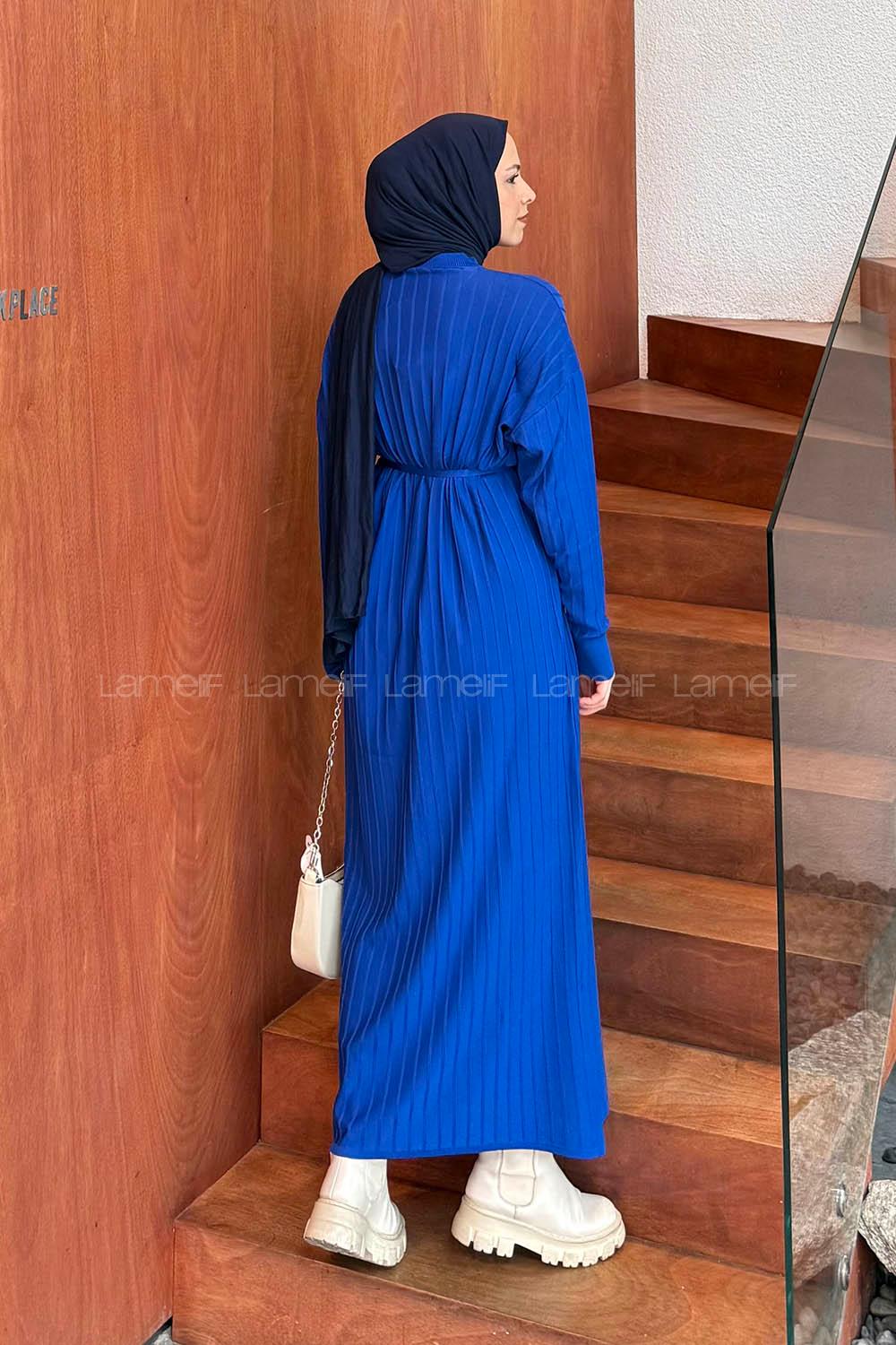 Lamelif Dikiş Detaylı Tesettür Elbise Saks Mavisi